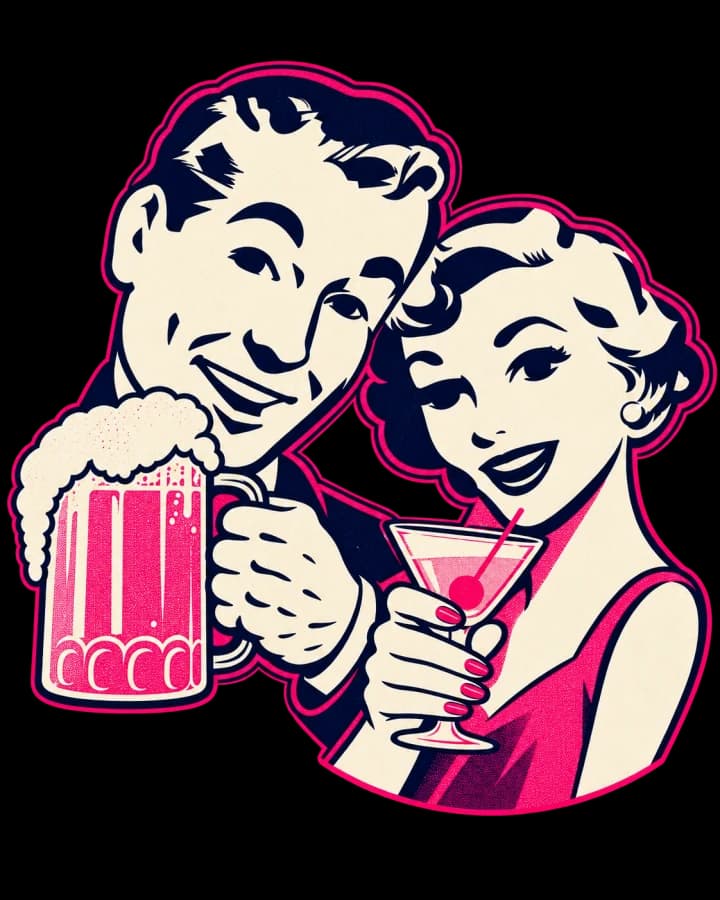 Retroillustratie van twee mensen met een bier en een cocktail